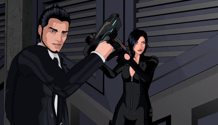 Two characters in black suits holding guns in a dimly lit room.