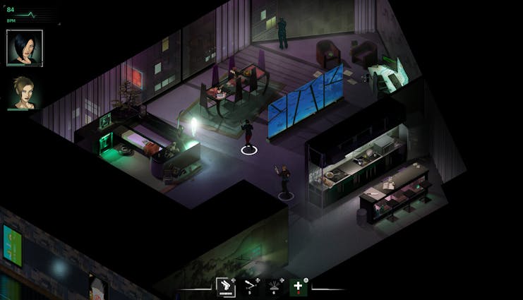 Isometric view of a dimly lit room with people and screens, possibly from a video game.