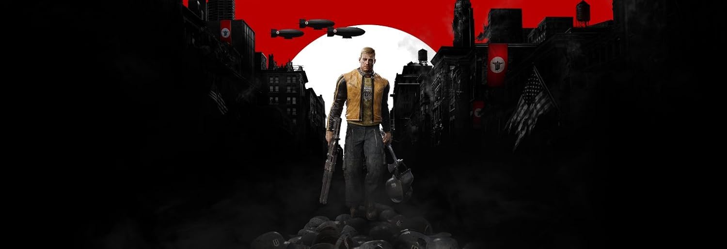 Character standing in a dark, post-apocalyptic cityscape with a red moon in the background