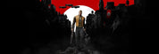 Character standing in a dark, post-apocalyptic cityscape with a red moon in the background
