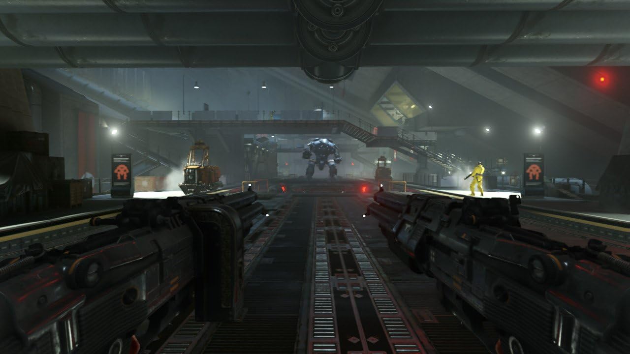 Sci-fi industrial setting with robots and machinery