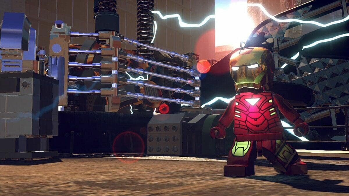 LEGO figure in a red and gold suit of armor standing in front of a large robot.