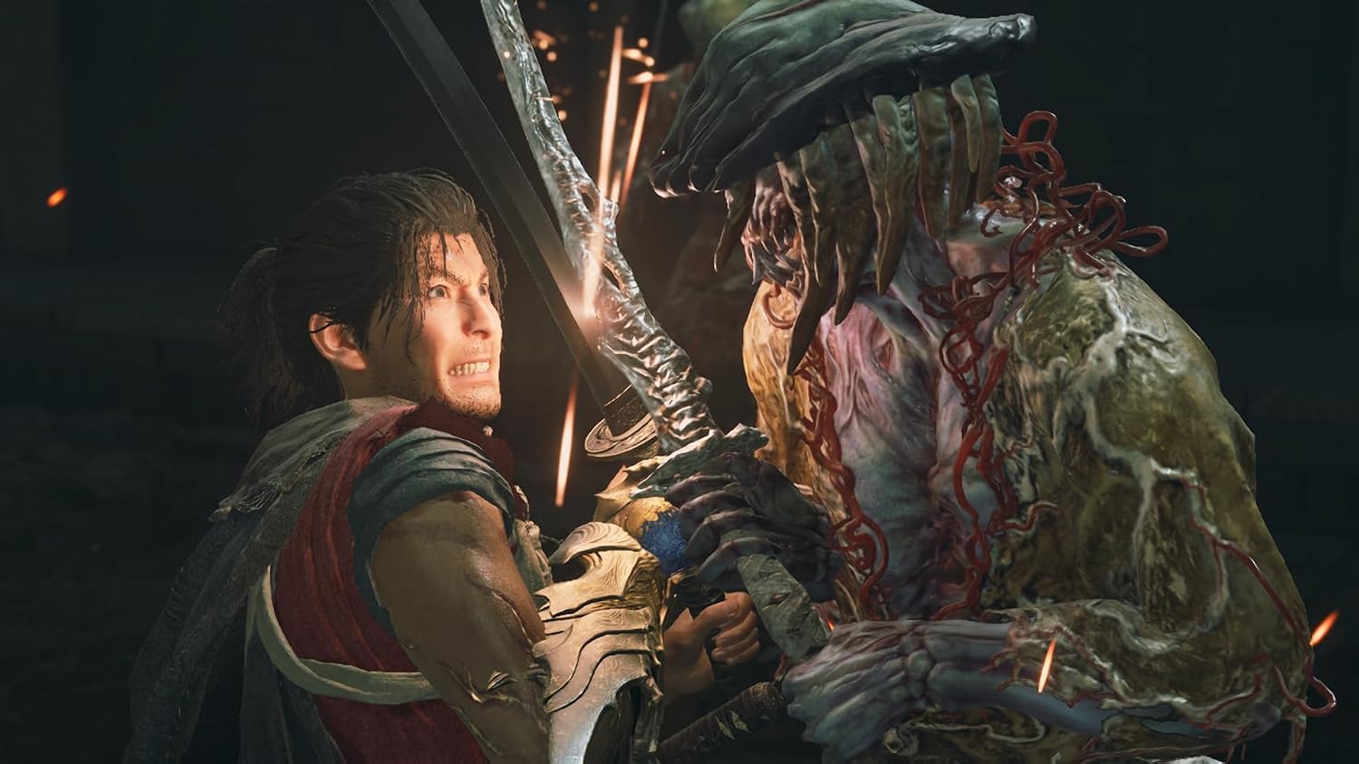 A dramatic close-up scene from a video game showing a human warrior holding a large sword while facing a grotesque, flesh-covered monster with red vine-like details in a dark environment.