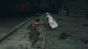A dark, cinematic scene showing two characters in a sword duel on a wooden platform, with one figure in a red and gray outfit and the other in a flowing white robe, set against a dimly lit background with visible blood splatters.