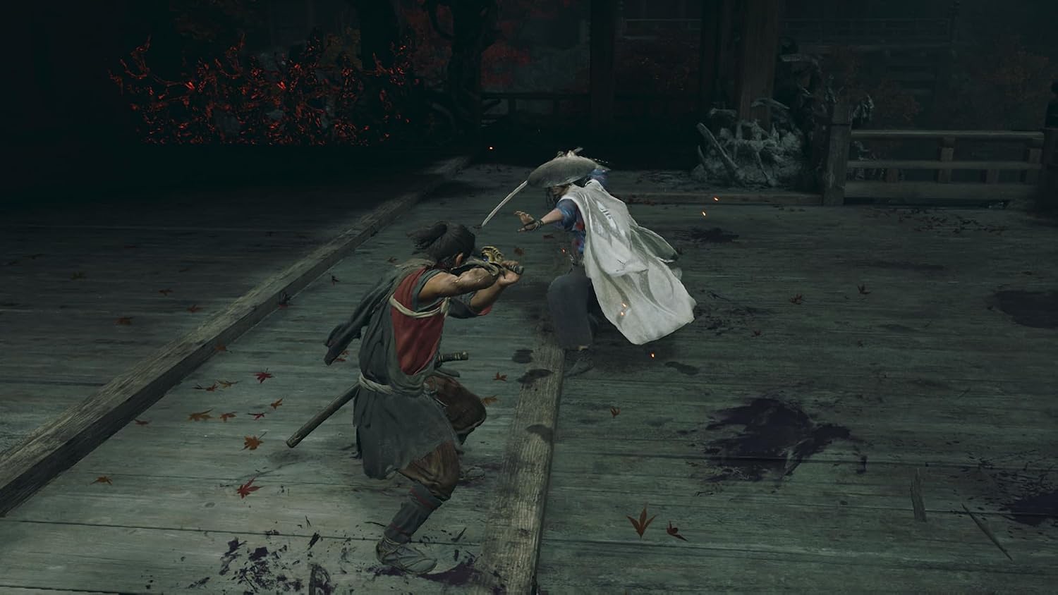 A dark, cinematic scene showing two characters in a sword duel on a wooden platform, with one figure in a red and gray outfit and the other in a flowing white robe, set against a dimly lit background with visible blood splatters.