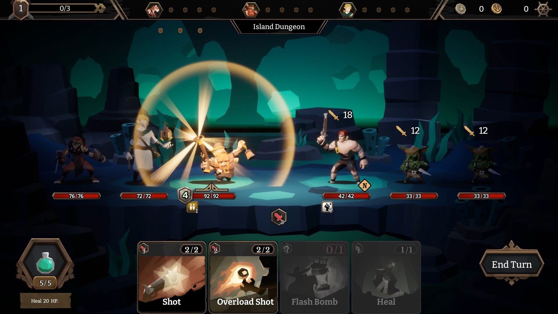 Game interface showing a turn-based strategy game with characters and options on a dark background.