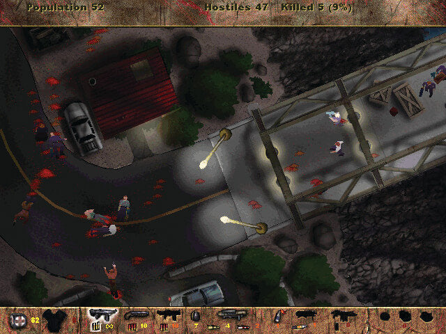 Top-down screenshot from a retro video game showing an overhead scene with a red-roofed building, bridge, vehicles, and several small human figures on a dark road. The image includes UI elements at the top and bottom, such as population, hosts, killed count, and weapon icons.