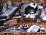 A screenshot from a snowy winter-themed video game scene showing a house, fence, truck, police car, and several small characters in a top-down isometric view.