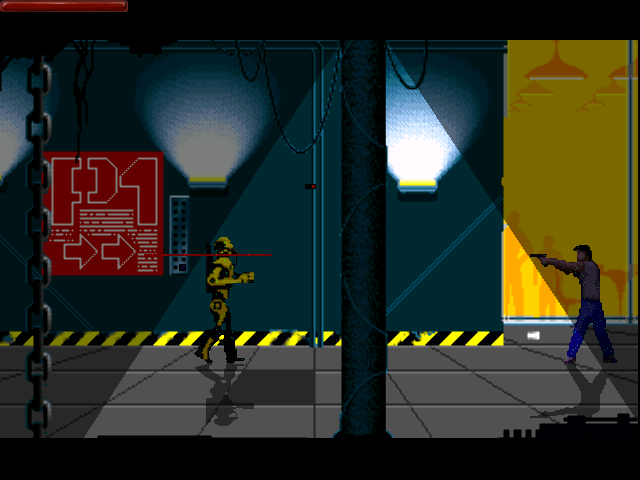 Pixel art scene showing a yellow humanoid figure facing a person in a dark industrial corridor with blue walls, yellow lighting, a red sign, and a yellow door.