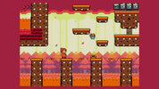 Pixel art scene with a small character standing on a brown platform in a retro side-scrolling game-style environment, surrounded by floating platforms, colorful terrain, and a red border.
