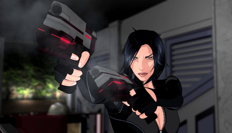 Character holding a futuristic gun in an indoor setting