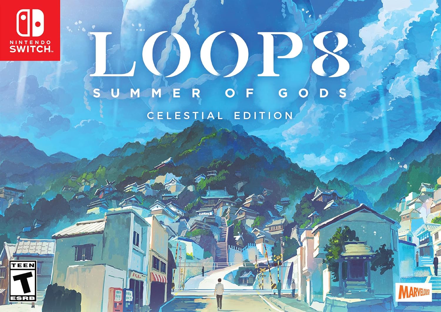 Game cover for 'LOOP8 Summer of Gods Celestial Edition' on Nintendo Switch with a scenic village and mountain background.