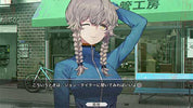 An anime-style digital illustration of a female character with gray braided hair wearing a blue zip-up jacket, standing in front of a storefront with a green awning and Japanese text.
