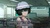Anime-style scene showing a girl with short dark hair, blue eyes, and a light gray cap in a classroom setting, with Japanese text overlays and a classroom background.