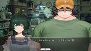 Anime-style game scene showing two characters in a cluttered indoor room. The left character has short dark green hair and blue eyes and is wearing a purple top.
