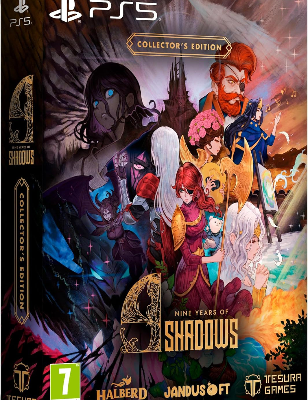 PS5 game collector's edition box featuring characters from 'Nine Years of Shadows'.