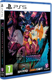 PlayStation 5 game disc for 'Nine Years of Shadows' with colorful artwork and branding.