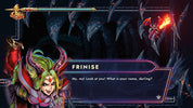 Character with green hair and colorful outfit in a dark fantasy setting, dialogue box with text 'Frinise'.