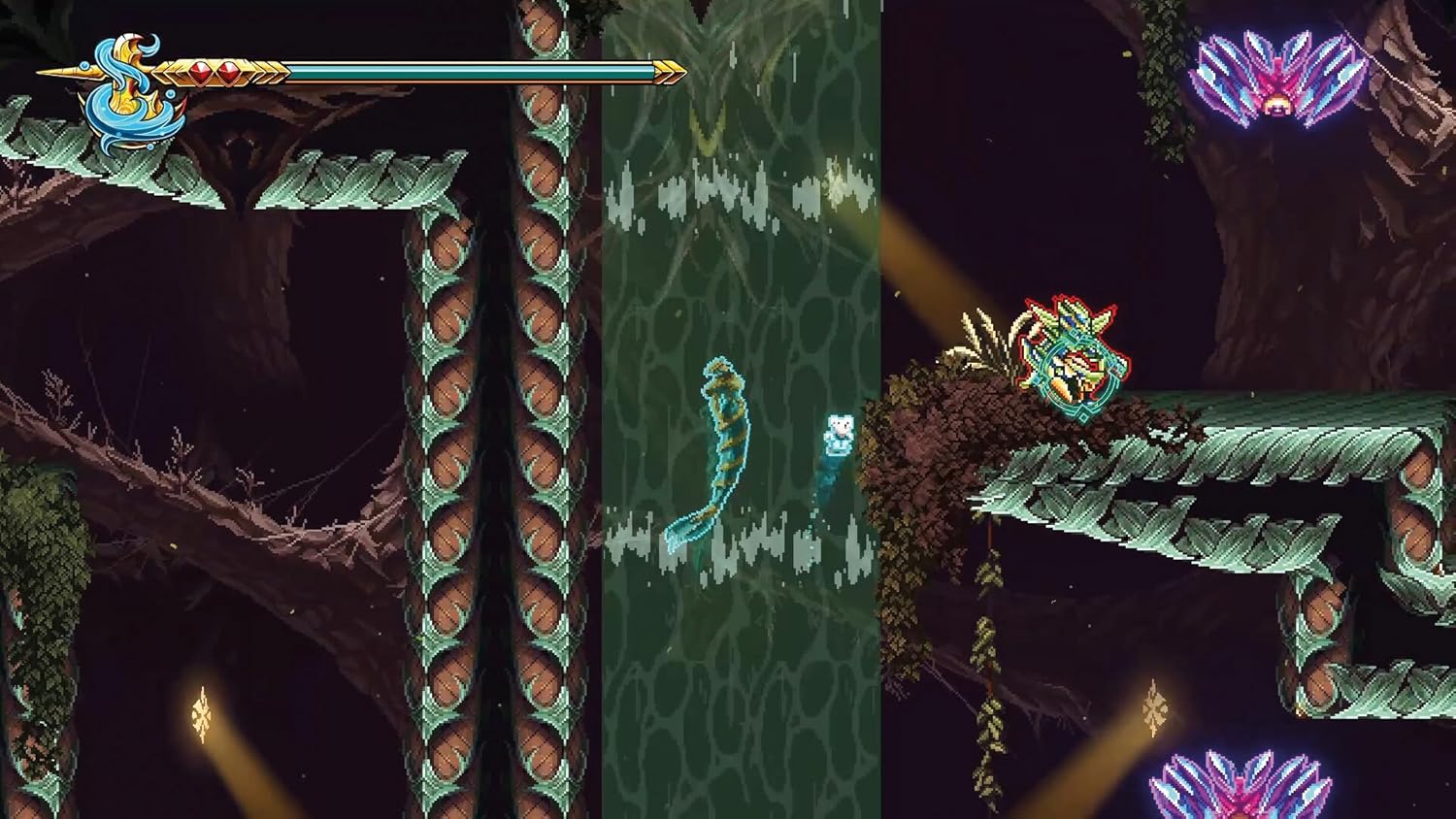 Side-scrolling platformer game with snake-like character and colorful enemies.
