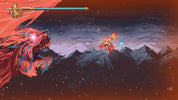 Game scene with a dragon-like creature and a character on a mountainous landscape.