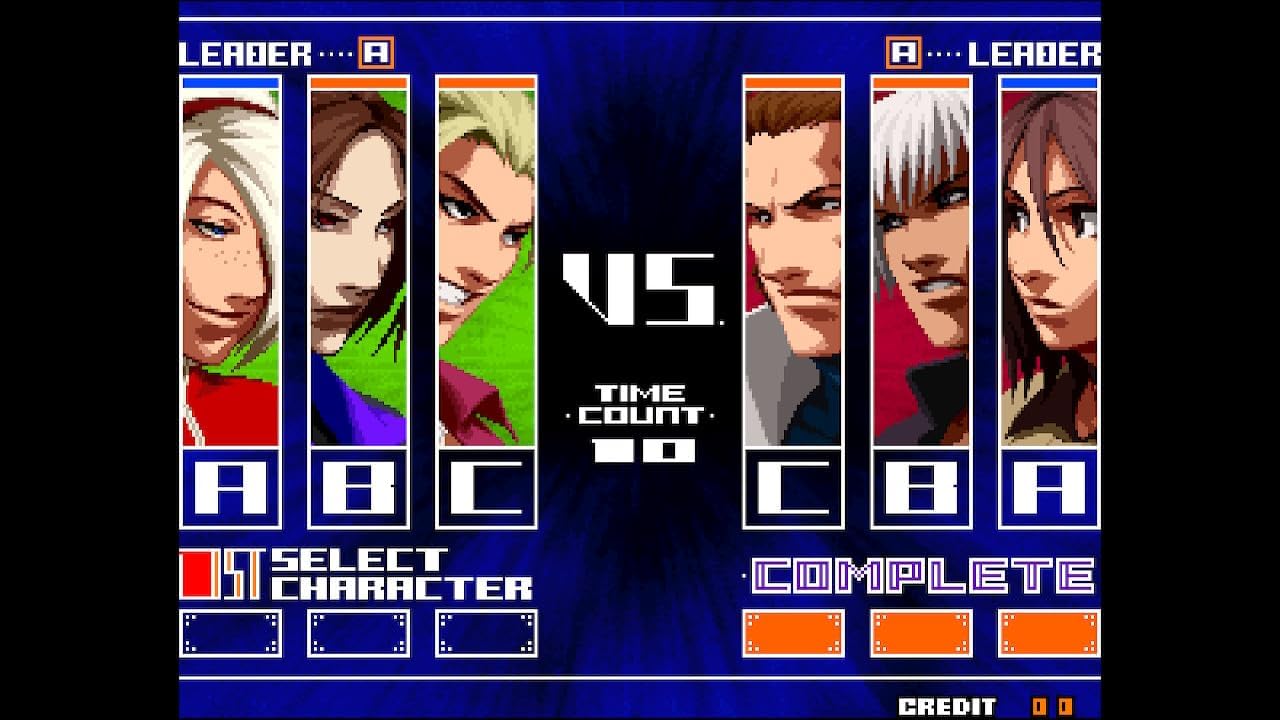Vintage video game character selection screen with five portraits and a blue background.