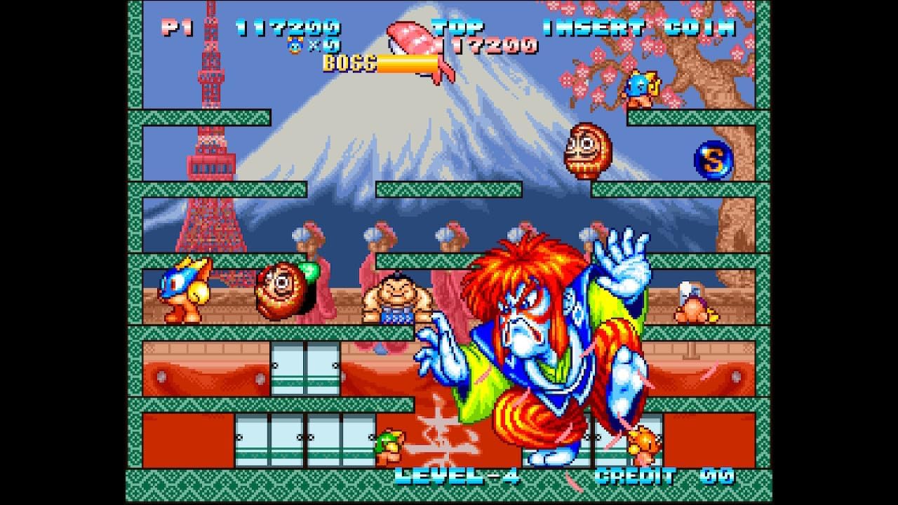 Vintage video game screen with colorful characters and a mountainous landscape