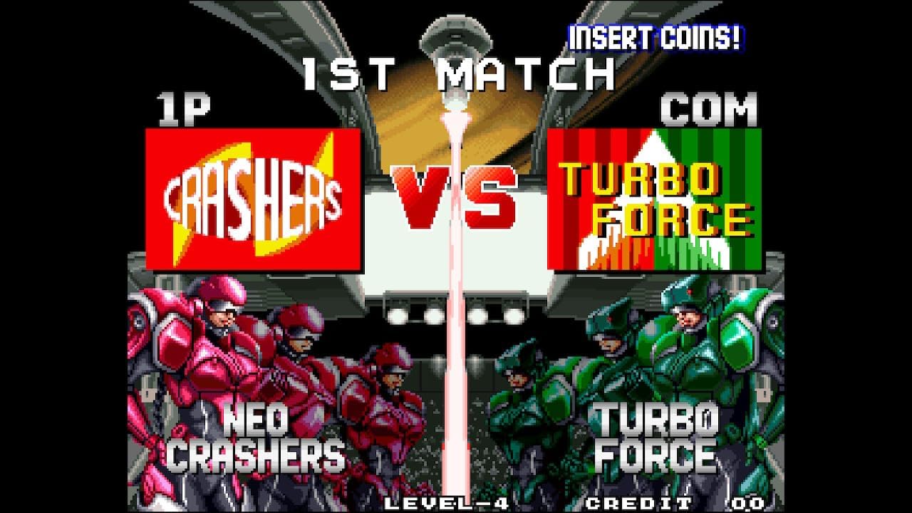 Vintage video game screen with 'Neo Crashers' vs 'Turbo Force' on a black background.