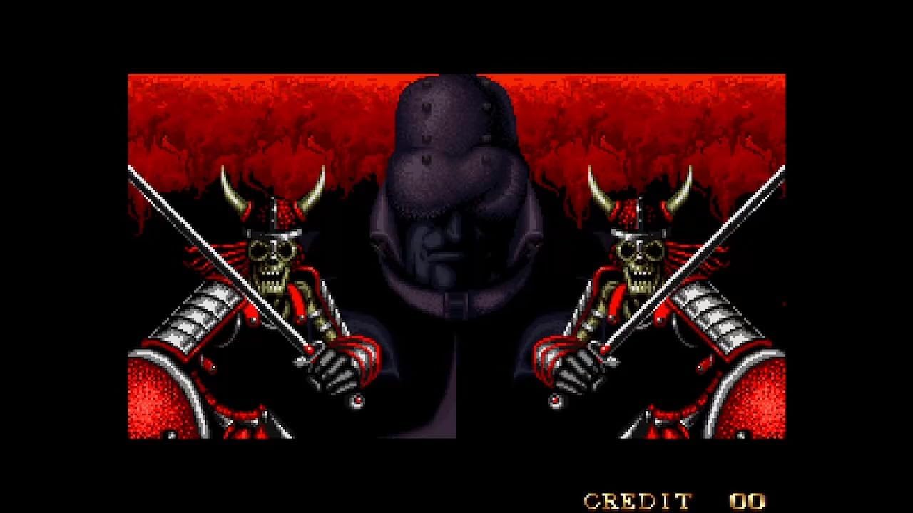 Two skeletons in armor with swords on a red background, likely from a video game.