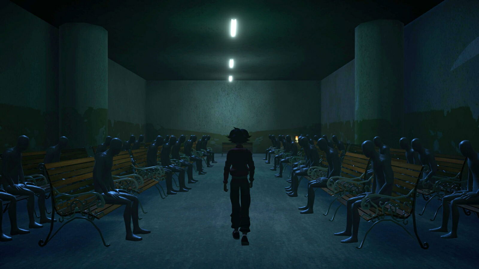 A dark, atmospheric scene showing a person standing in the center of a long, dimly lit hall with rows of seated figures on benches along both sides. The lighting is low and moody, casting a blue-green cast over the scene.