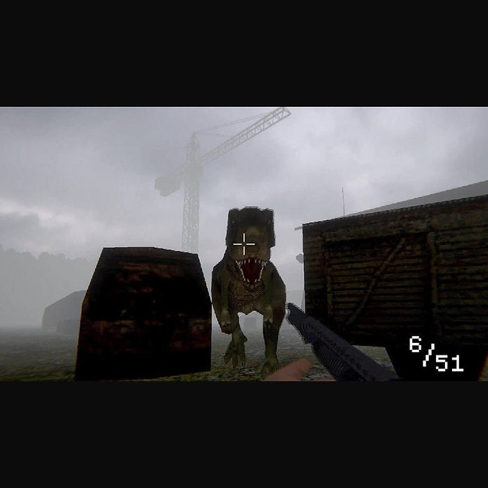 A first-person shooter video game scene showing a roaring T-rex dinosaur facing the player, with a shotgun visible in the foreground, crates, and a crane in the background under a foggy gray sky.