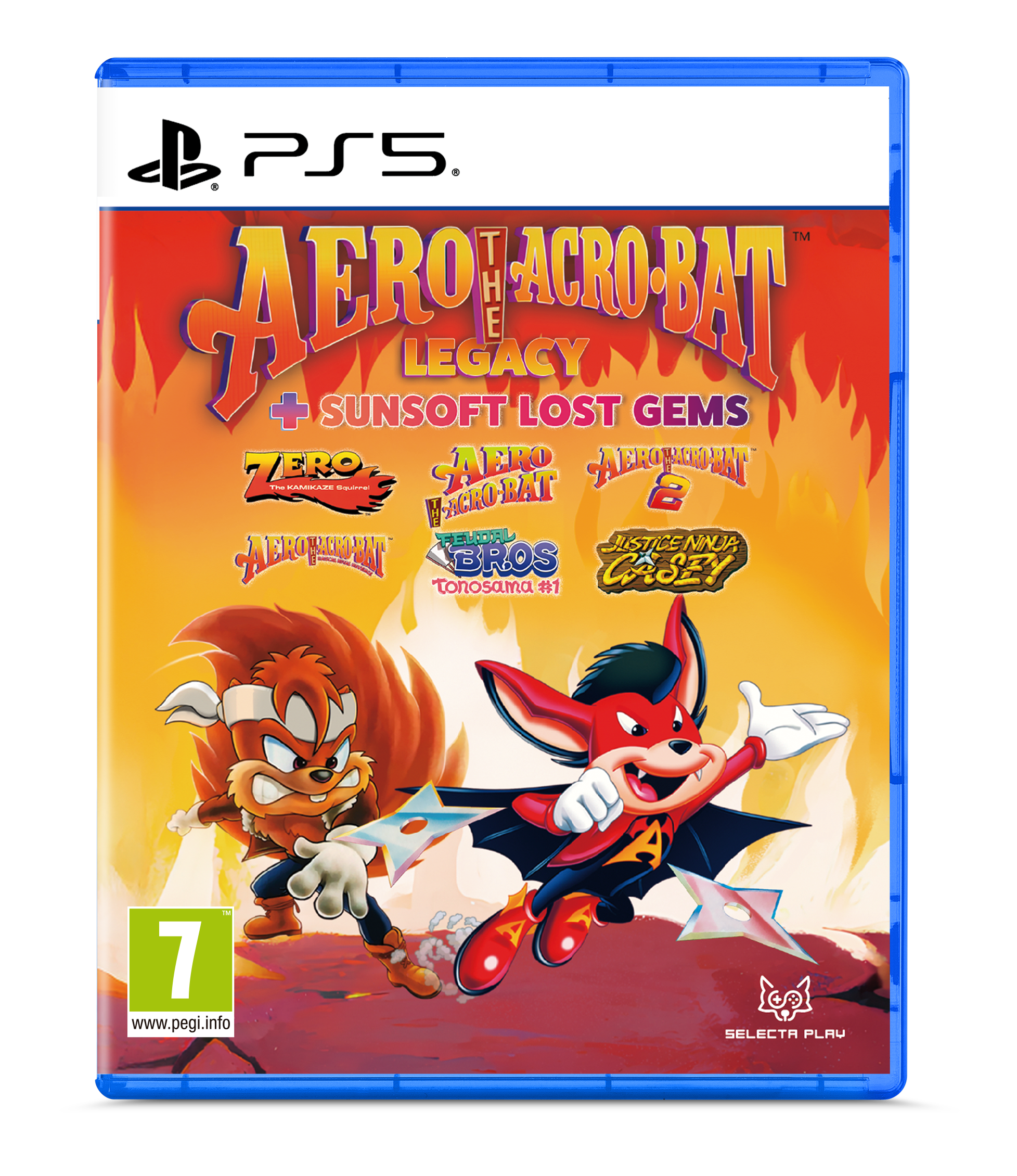 PlayStation 5 game disc for 'Aero the Acro-Bat: Legacy + Sunsoft Lost Gems' with cartoon characters on the cover.