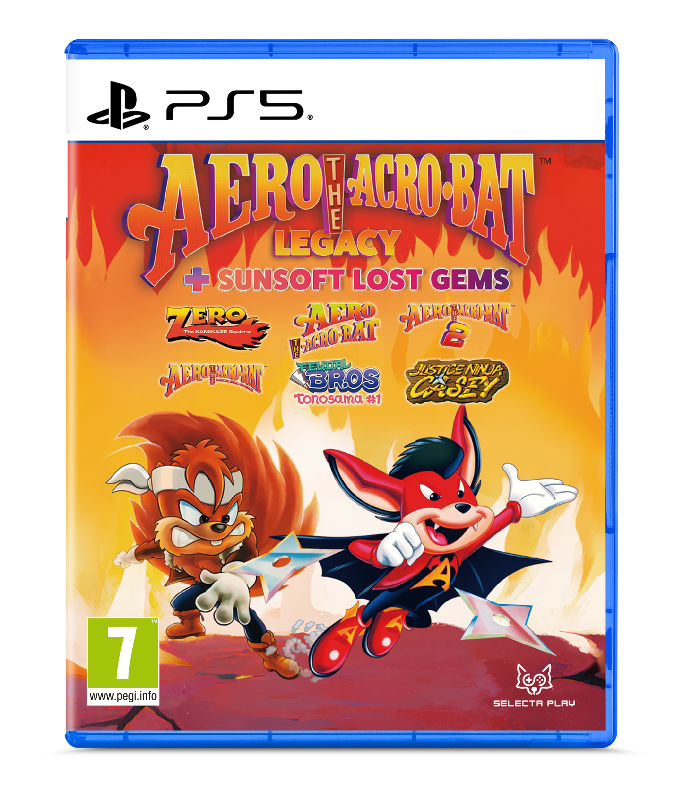 PlayStation 5 game disc for 'Aero the Acro-Bat: Legacy + Sunsoft Lost Gems' with cartoon characters on the cover.