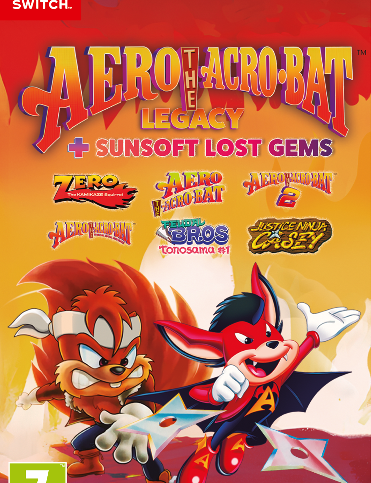 Game cover for 'Aero the Acro-Bat: The Legacy + Sunsoft Lost Gems' on Nintendo Switch with characters and branding.