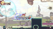 A 2D pixel-art action scene from a game, showing a character with a large blue energy bubble attacking enemies on a floating platform in a surreal landscape with rocks and structures.