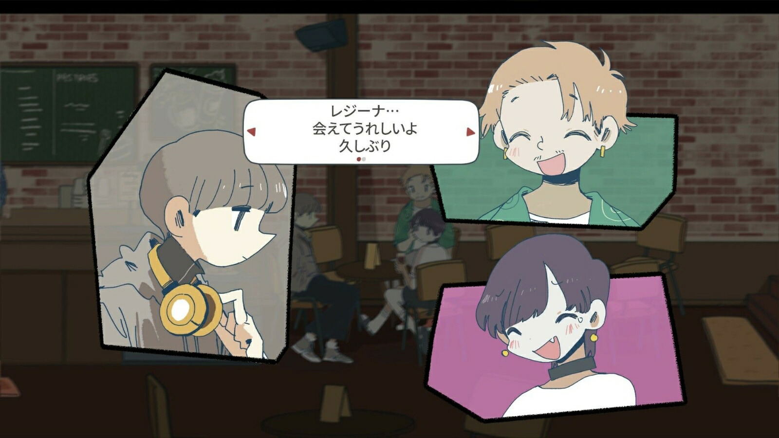 Animated characters in a room with brick walls and a window.