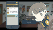 Animated character with headphones interacting with a smartphone displaying a chat interface.