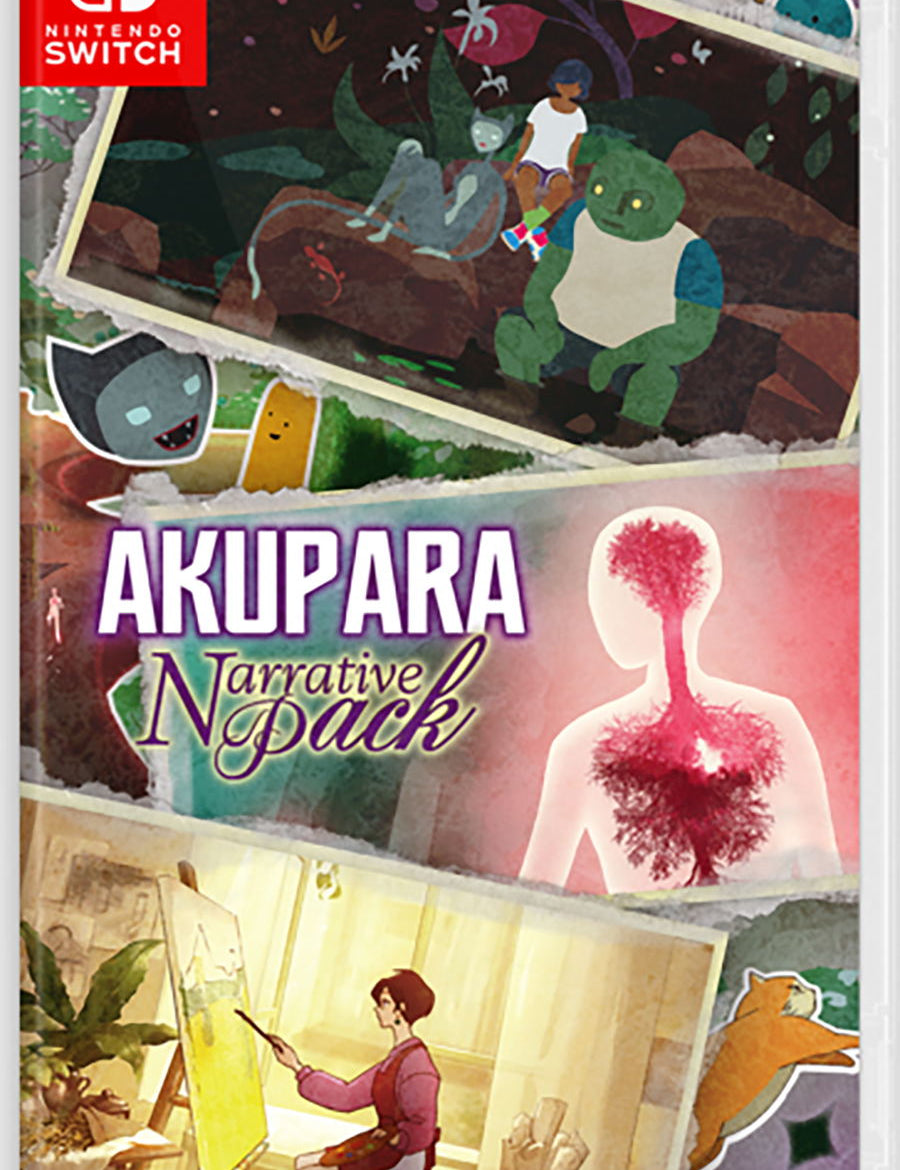 Packaging for 'Akupara Narrative Pack' on Nintendo Switch with colorful illustrations and text.