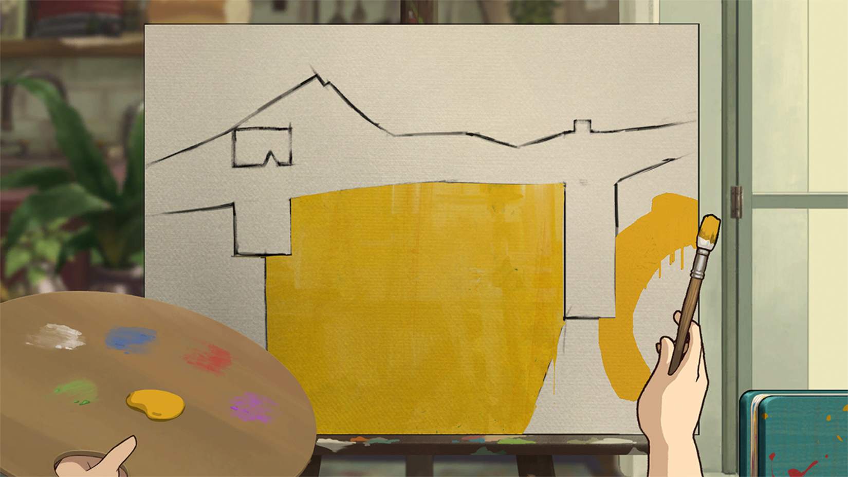 Person painting a yellow square on an easel with a paintbrush and palette.