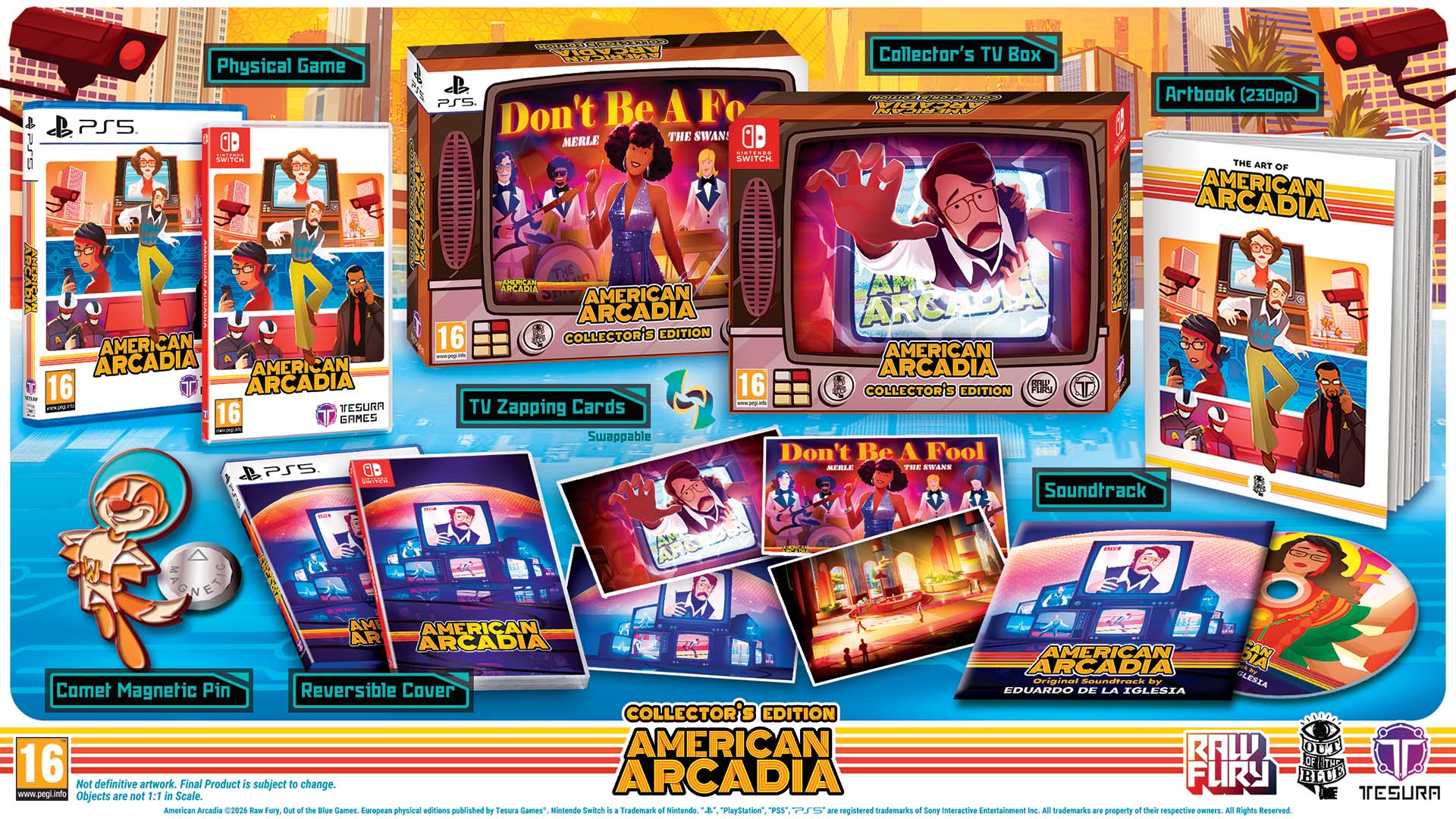 Collection of 'American Arcadia' collectible items including games, cards, and merchandise on a blue background.