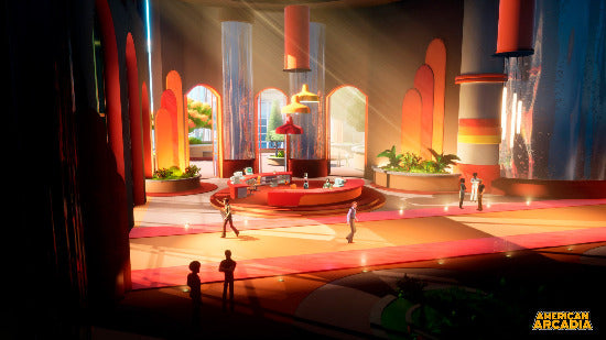Colorful interior design with arches and people in a futuristic setting