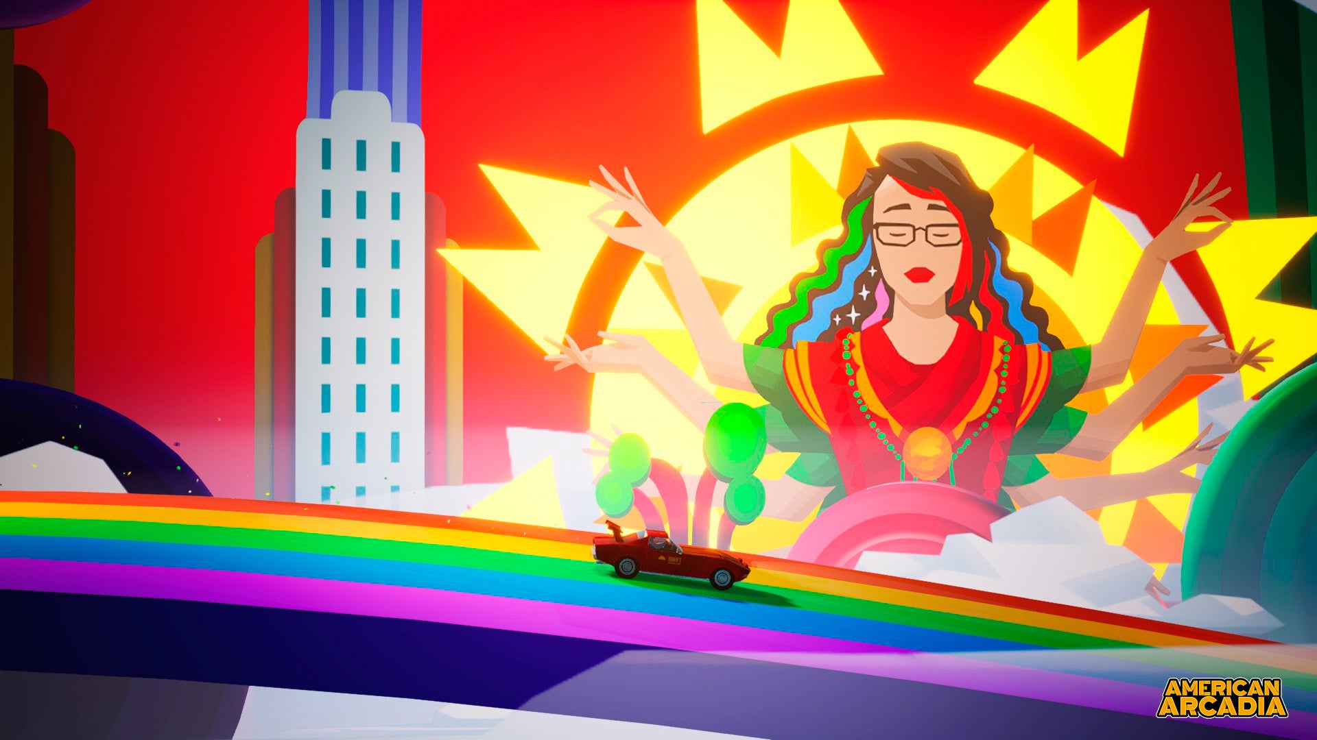 Animated character with multiple arms in a colorful, abstract setting with rainbow and cityscape elements.