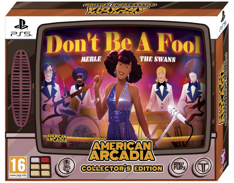 American Arcadia 'Don't Be A Fool' Collector's Edition board game box for PlayStation 5, featuring retro 1970s discotheque artwork with Merle and The Swans on the front and side panels.