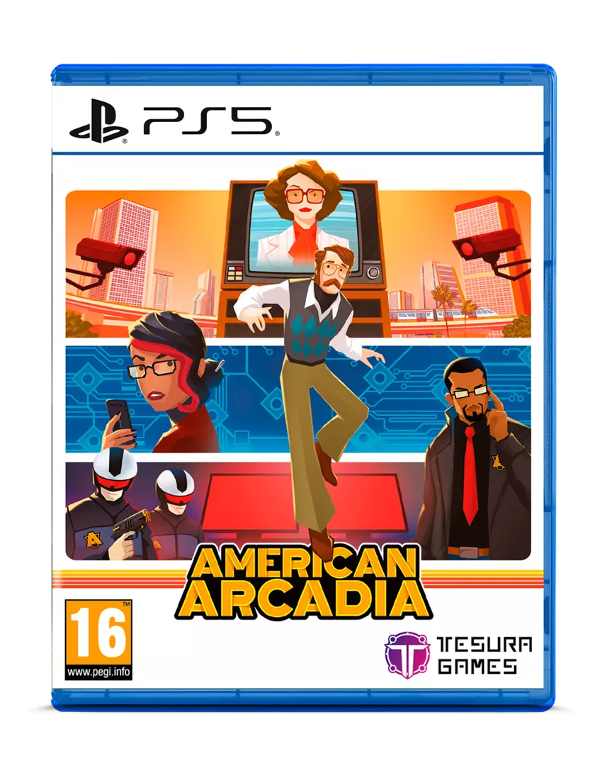 PlayStation 5 game disc for 'American Arcadia' with colorful graphics and character illustrations.