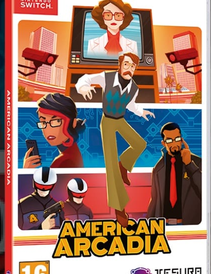 Game box for 'American Arcadia' on Nintendo Switch with character illustrations and Tesura Games logo.
