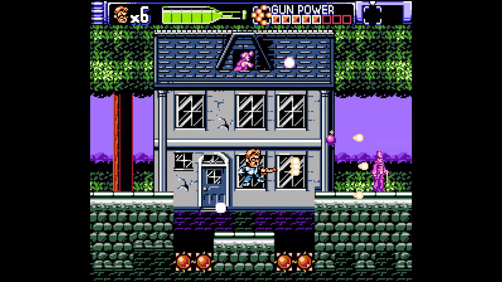 Screenshot of a retro-style video game with a character in front of a building.