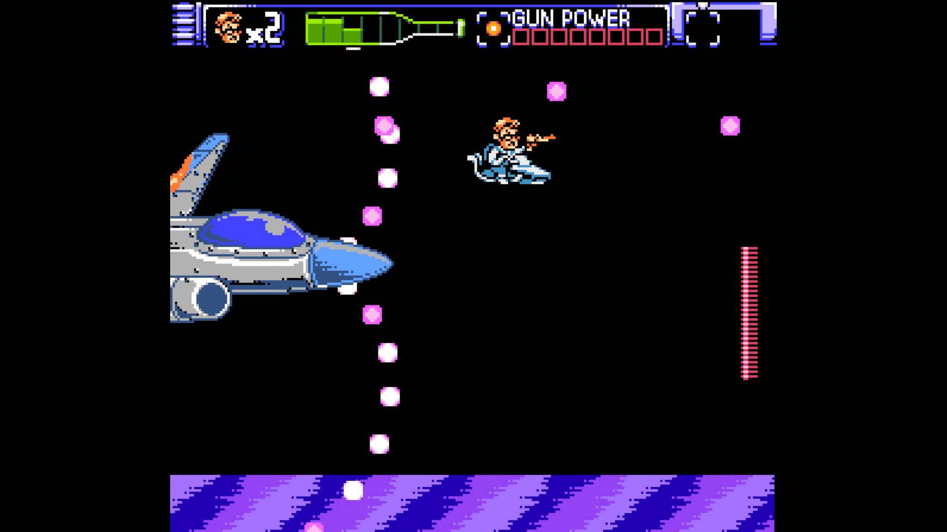 Pixelated video game screen with character and spaceship on a black background