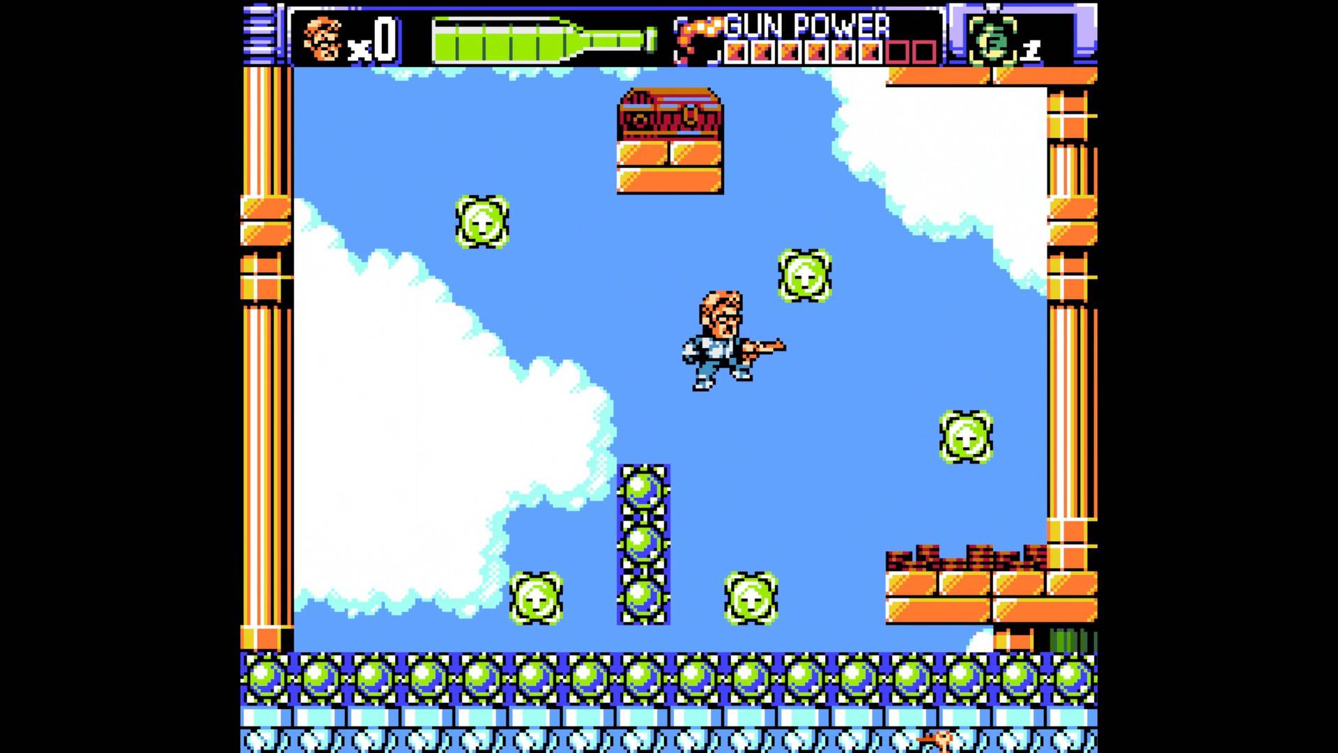 Screenshot of a retro-style video game with a character and enemies on a platform.