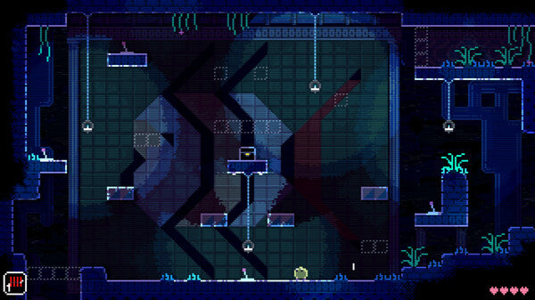 Pixelated game screen with character and environment in a dark, futuristic setting