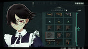 A digital game-style character portrait showing a young woman with short dark hair, round glasses, and a dark outfit with a white ruffled collar, alongside an inventory screen displaying various accessories.