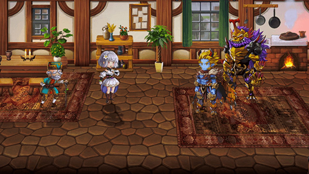 A fantasy RPG scene showing three character sprites standing in a rustic wooden room with stone tile floors, rugs, windows, plants, and a fireplace. The scene appears to be digital artwork rather than a physical retail product photo.